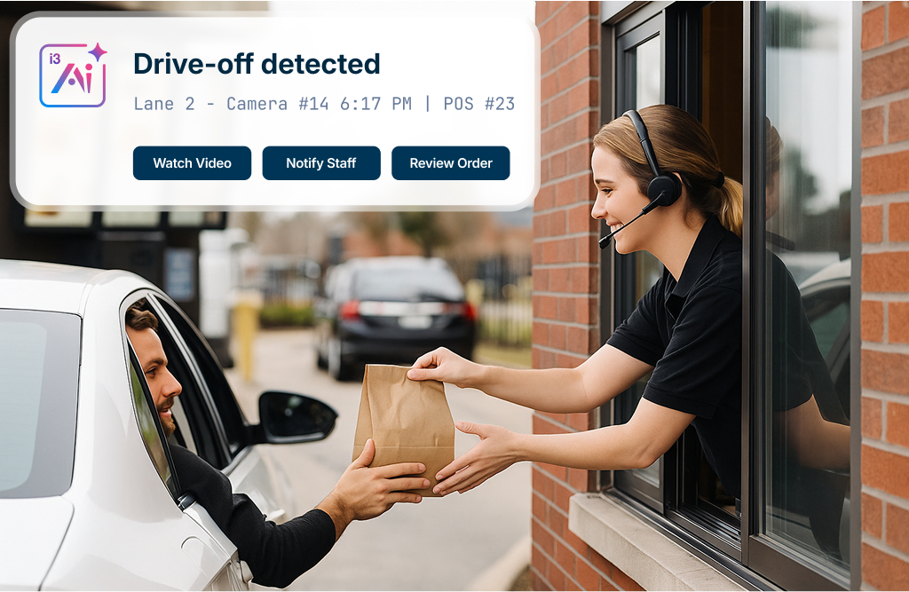 Drive-thru order with Ai alert for drive-off detected