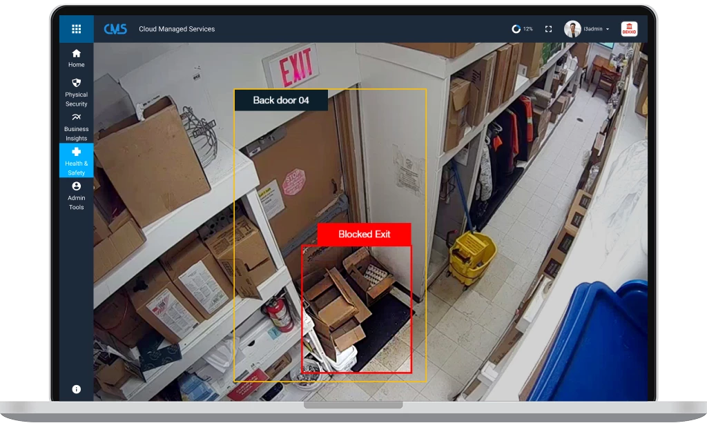 Blocked exit detected at back door in storage area