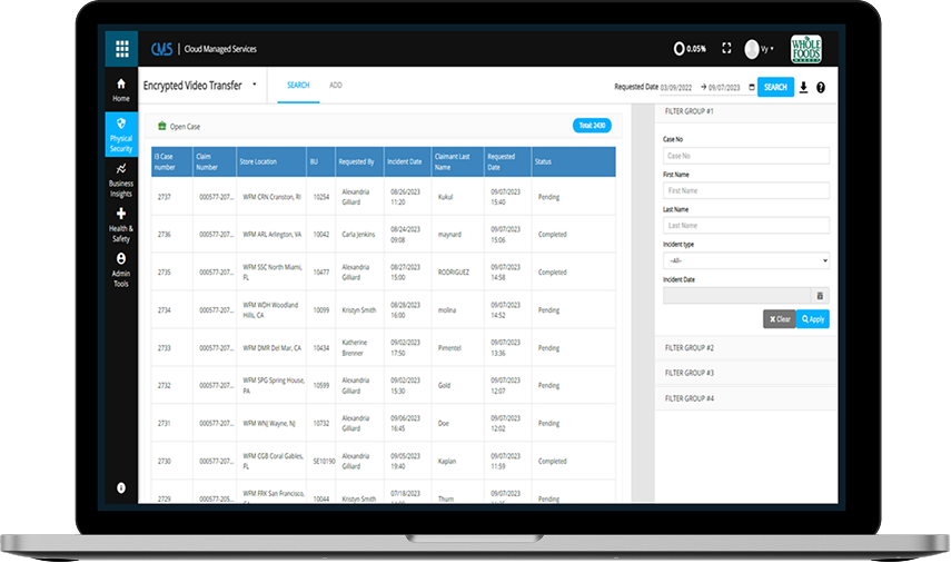 Laptop displaying encrypted video transfer case list