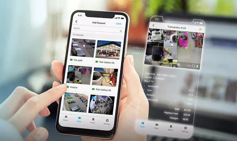 Mobile app showing store cameras and transaction details
