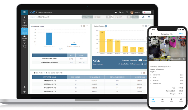 Laptop and smartphone displaying risk dashboard and transaction details