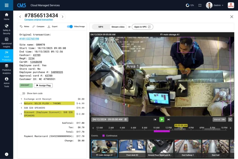 CMS interface showing detailed transaction and video playback