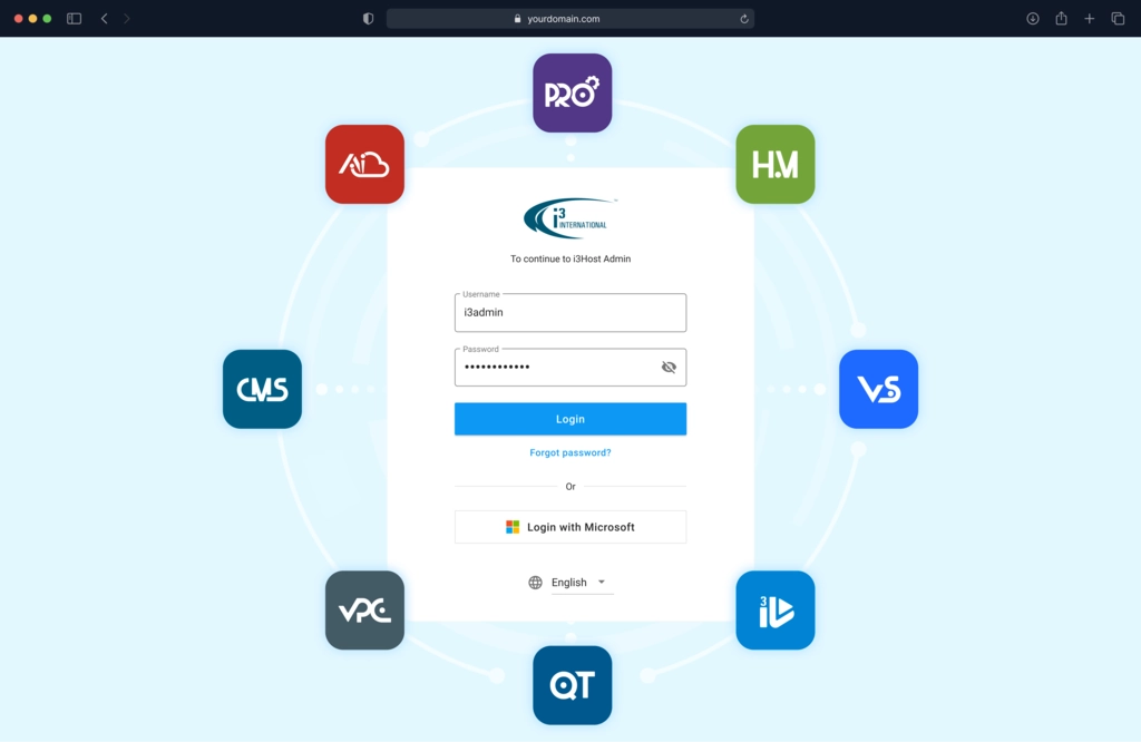 i3Host Admin login screen with solution icons