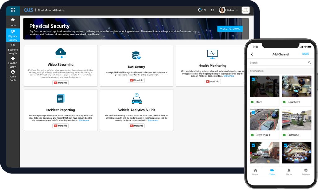 Tablet and smartphone displaying physical security dashboard and camera feeds