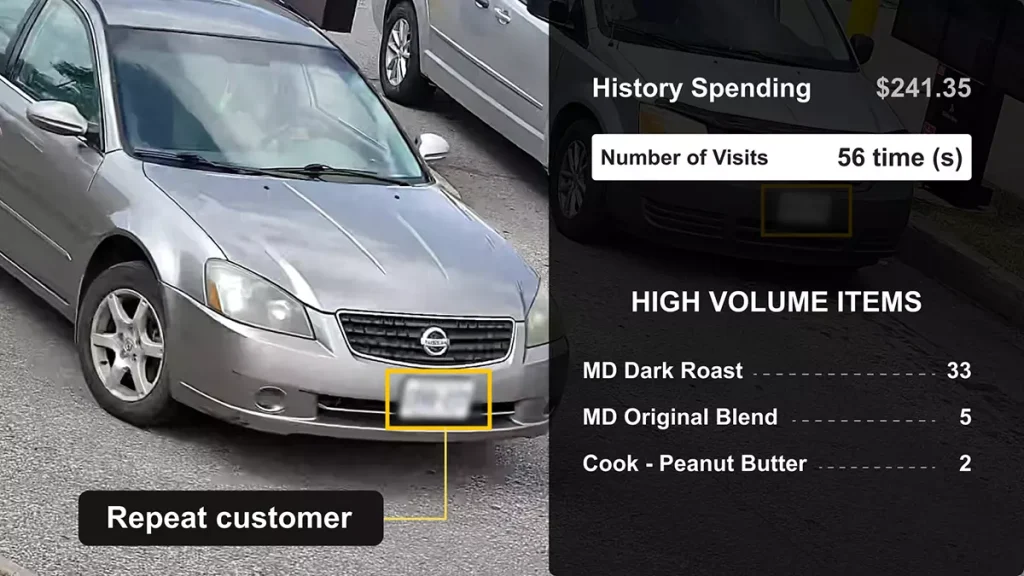 Car identified as repeat customer with purchase history displayed