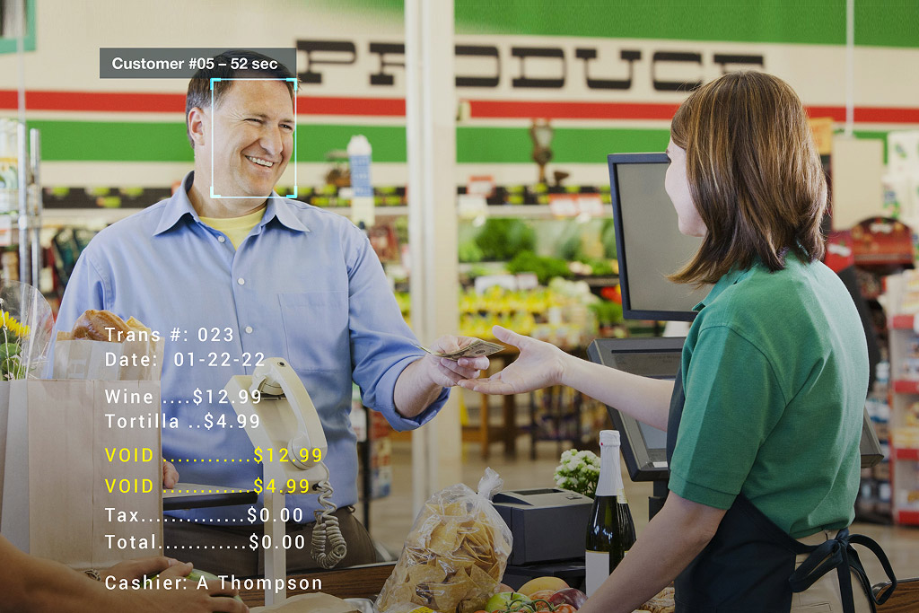 Customer paying at a convenience store checkout with groceries and receipt details displayed