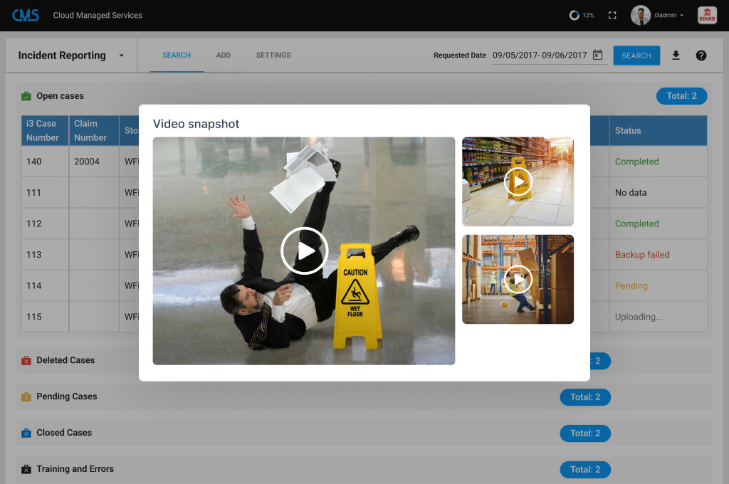 Incident reporting dashboard showing slip-and-fall video snapshot