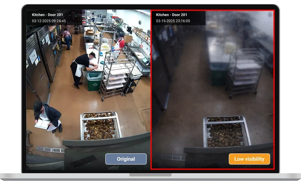 Displays a kitchen, with the original image clear and the right image blurred due to low visibility, labeled "Low visibility
