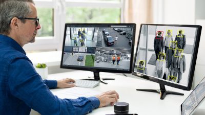 Person monitoring retail security footage on two screens showing store areas and clothing detection